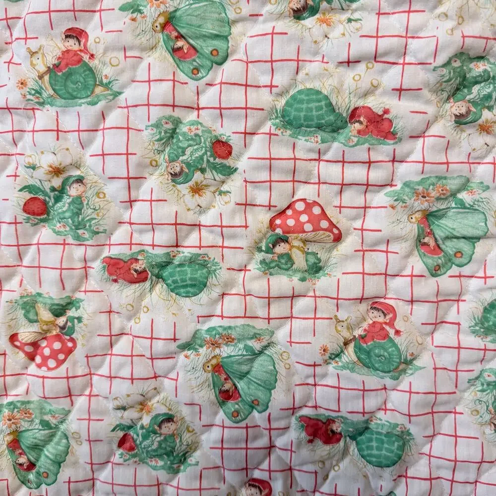Vintage Handmade Baby Quilt Fairy Garden Snails Mushrooms Cottagecore whimsical